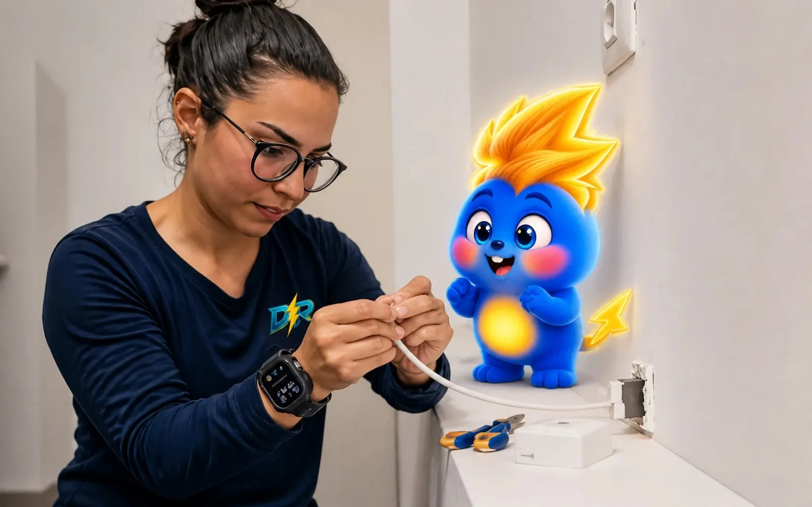 Una técnica de Don Rayo conecta la fibra en una casa, con Chippie al lado